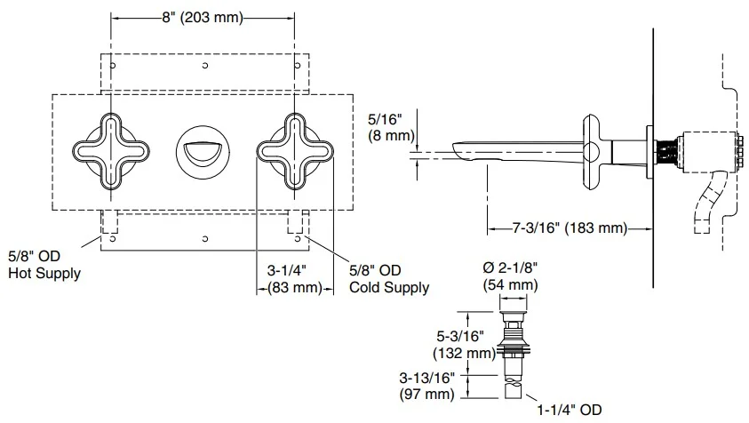 Bản vẽ vòi lavabo nóng lạnh gắn tường Kallista P32076-JST-BN