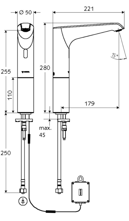 Bản vẽ kỹ thuật vòi cảm ứng lạnh thân cao dùng pin Đức Xeris E Schell 012950699