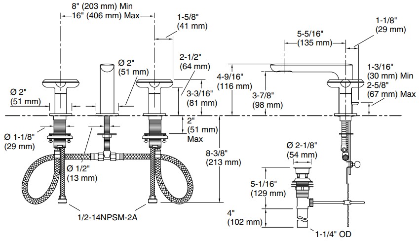 Bản vẽ vòi lavabo nóng lạnh gắn chậu Kallista P32704-JST-BL