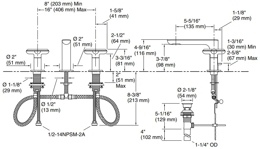 Bản vẽ vòi lavabo nóng lạnh gắn chậu Kallista P32704-JST-CP