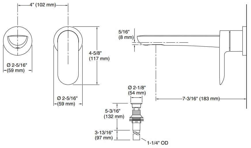 Bản vẽ vòi lavabo lạnh âm tường Kallista P34124-00