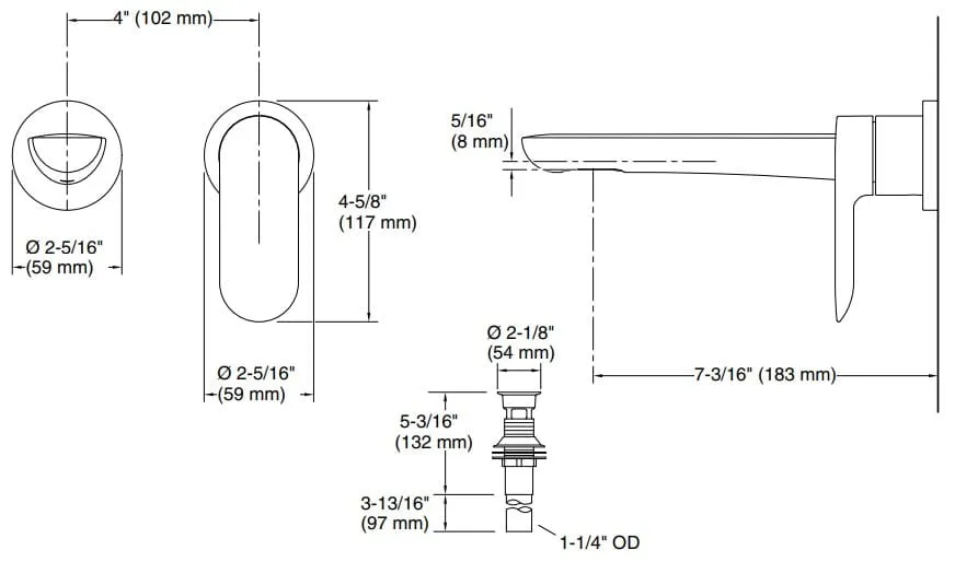 Bản vẽ vòi lavabo lạnh âm tường Kallista P34124-00