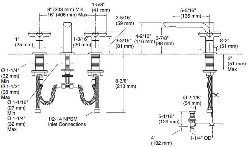 Bản vẽ vòi lavabo nóng lạnh Kallista P32704-RST-SN