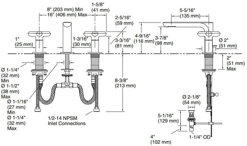 Bản vẽ vòi lavabo nóng lạnh Kallista P32704-RST-BL