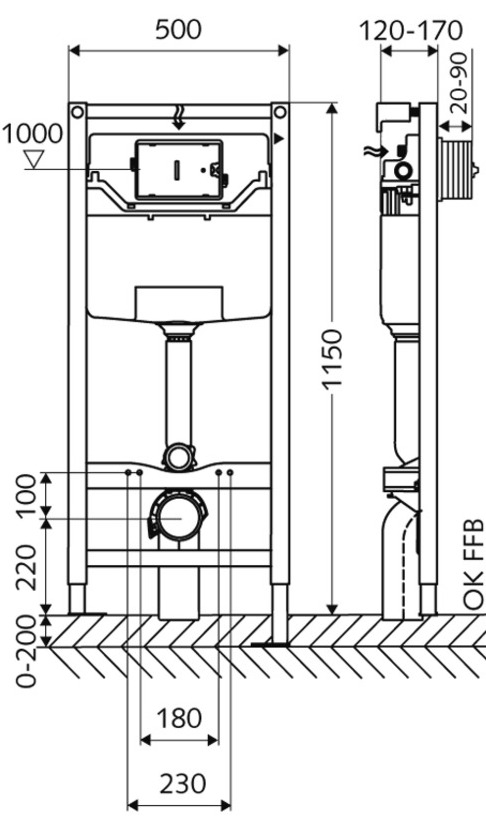 Bản vẽ kỹ thuật thùng nước âm kèm khung Montus (KiểuC120) Schell 030570099