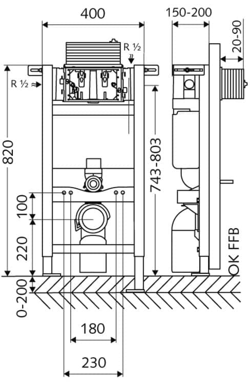 Bản vẽ kỹ thuật thùng nước âm kèm khung Montus 820C Schell 030600099