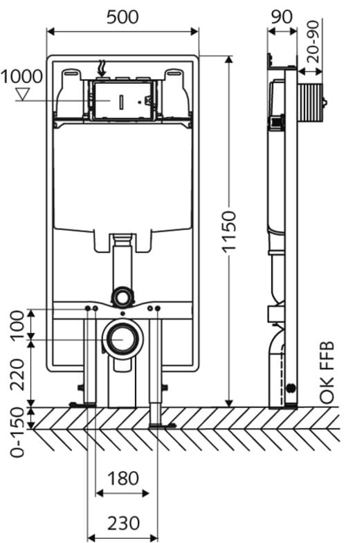 Bản vẽ kỹ thuâtthùng nước âm kèm khung Montus (Kiểu c90) Schell 030610099