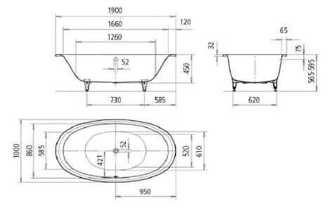 Bản vẽ kỹ thuật bồn tắm chân yếm KALDEWEI ELLIPSO DUO OVAL 232-7B(1900x1000x440mm)