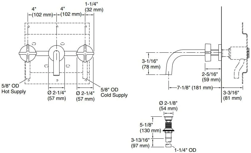 Bản vẽ vòi lavabo nóng lạnh gắn tường Kallista P21803-CR
