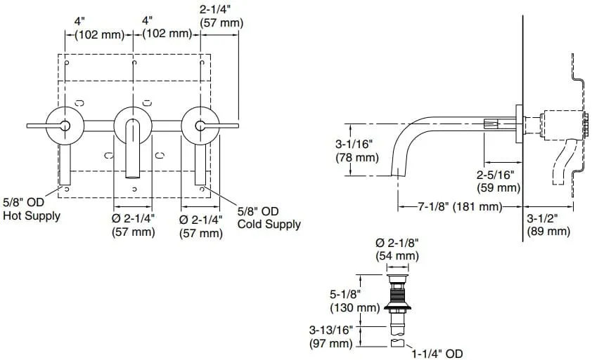 Bản vẽ vòi lavabo nóng lạnh gắn tường Kallista P21803-LV