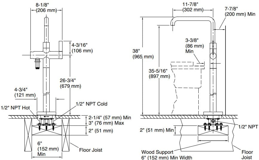 Bản vẽ vòi bồn tắm 1 chân Kallista P24418-00
