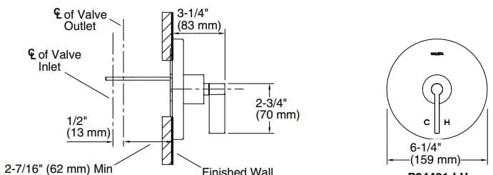 Bản vẽ mặt nạ điều chỉnh gắn tường Kallista P24421-LV