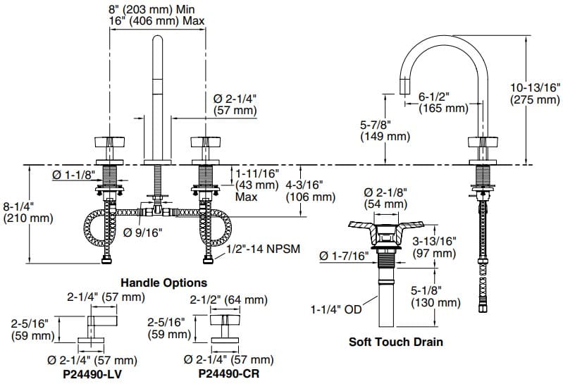 Bản vẽ vòi lavabo nóng lạnh gắn chậu Kallista P24490-CR-BL