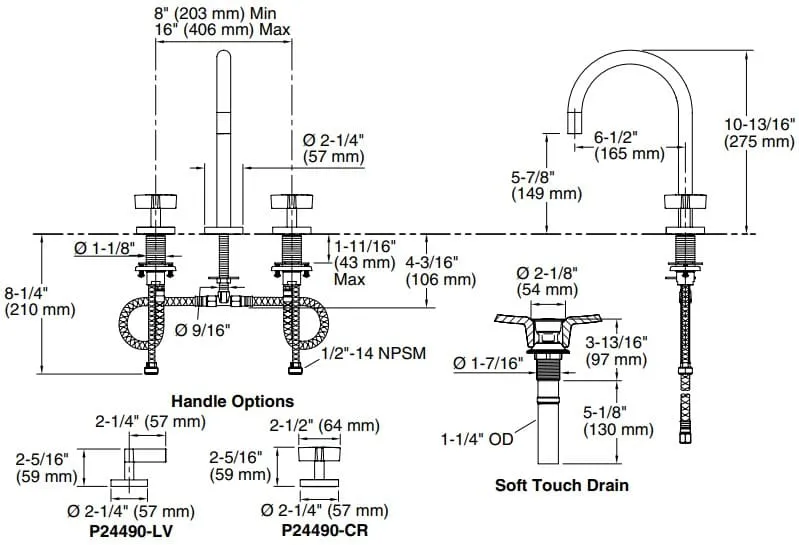 Bản vẽ vòi lavabo nóng lạnh gắn chậu Kallista P24490-CR-BL