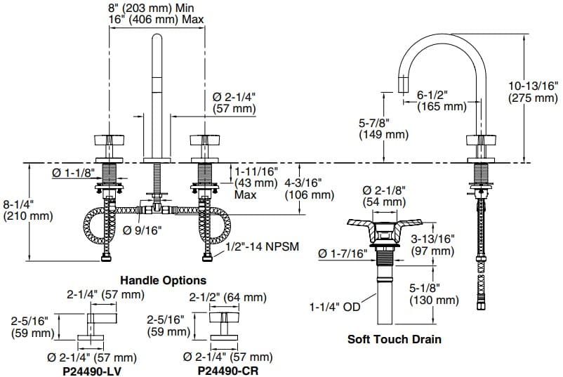 Bản vẽ vòi lavabo nóng lạnh gắn chậu Kallista P24490-LV