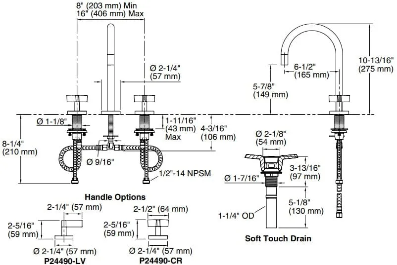 Bản vẽ vòi lavabo nóng lạnh gắn chậu Kallista P24490-LV