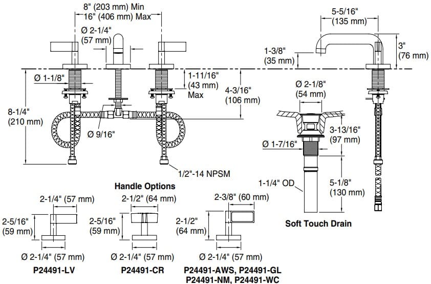 Bản vẽ vòi lavabo nóng lạnh gắn chậu Kallista P24491-CR