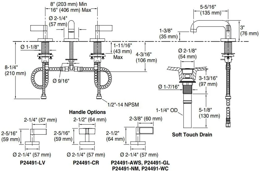 Bản vẽ vòi lavabo nóng lạnh gắn chậu Kallista P24491-CR