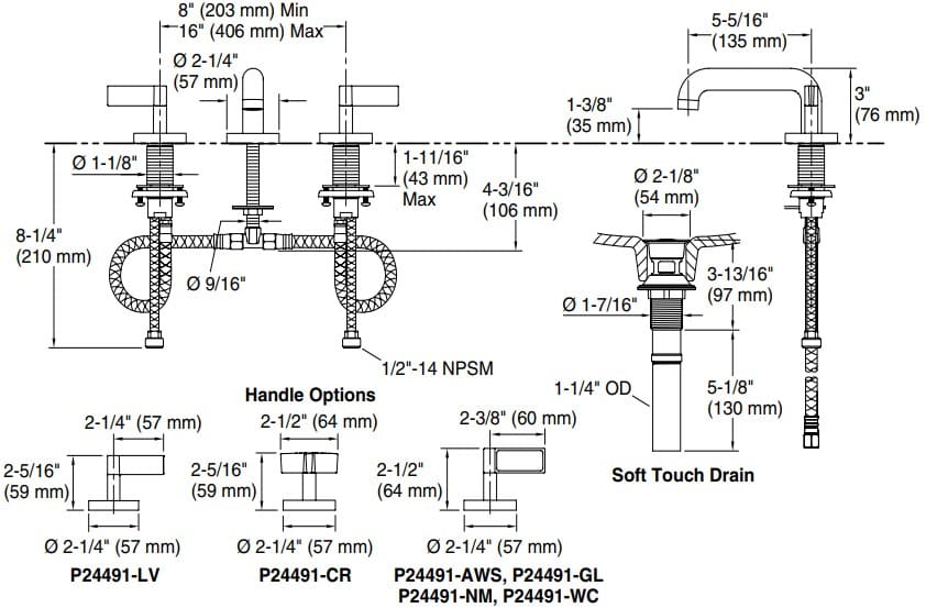 Bản vẽ vòi lavabo nóng lạnh gắn chậu Kallista P24491-LV