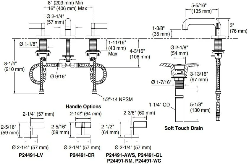 Bản vẽ vòi lavabo nóng lạnh gắn chậu Kallista P24491-LV