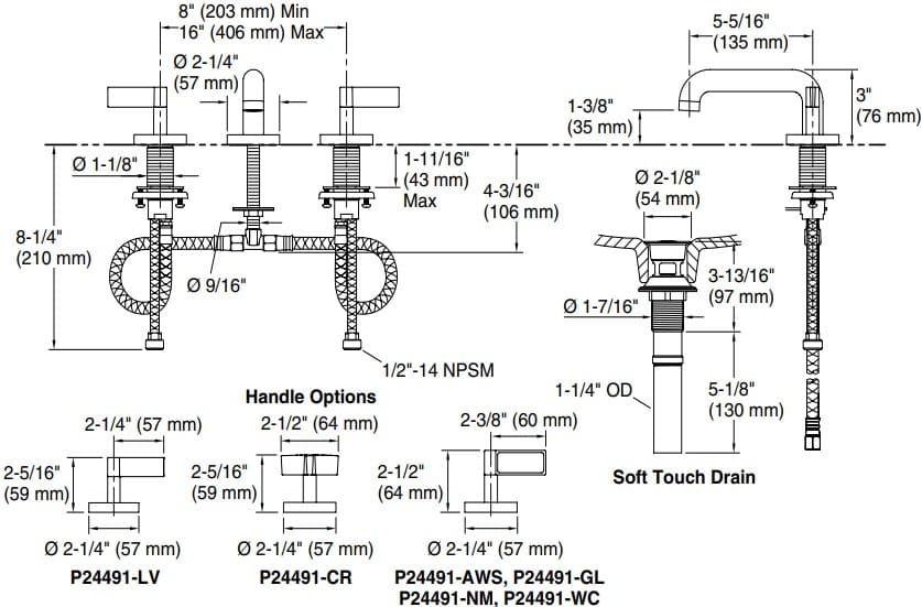 Bản vẽ vòi lavabo nóng lạnh gắn chậu Kallista P24491-WC