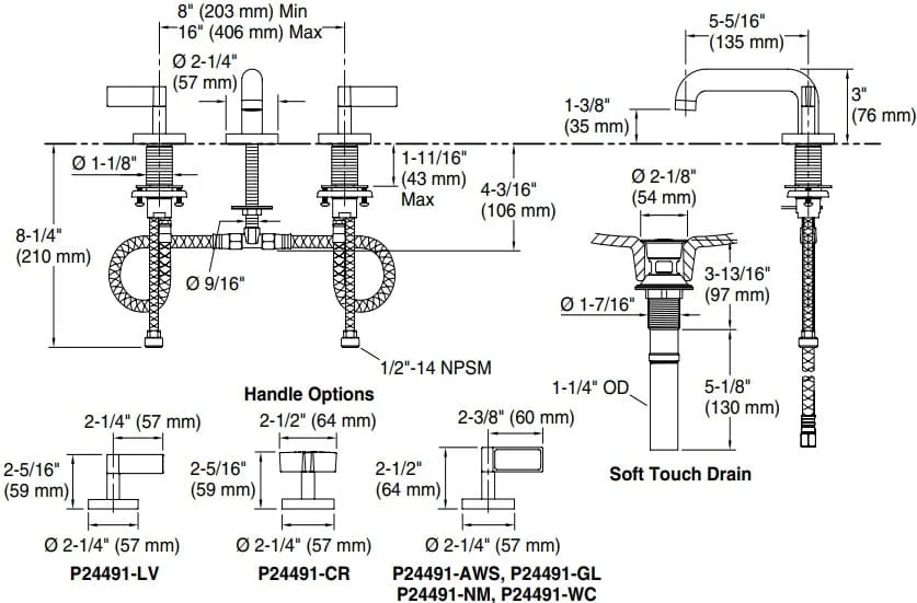 Bản vẽ vòi lavabo nóng lạnh gắn chậu Kallista P24491-WC