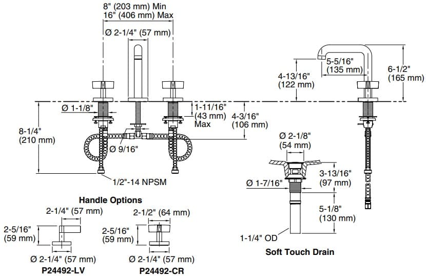 HBản vẽ vòi lavabo nóng lạnh gắn chậu Kallista P24492-CR