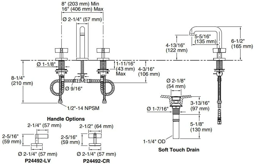 HBản vẽ vòi lavabo nóng lạnh gắn chậu Kallista P24492-CR-GN