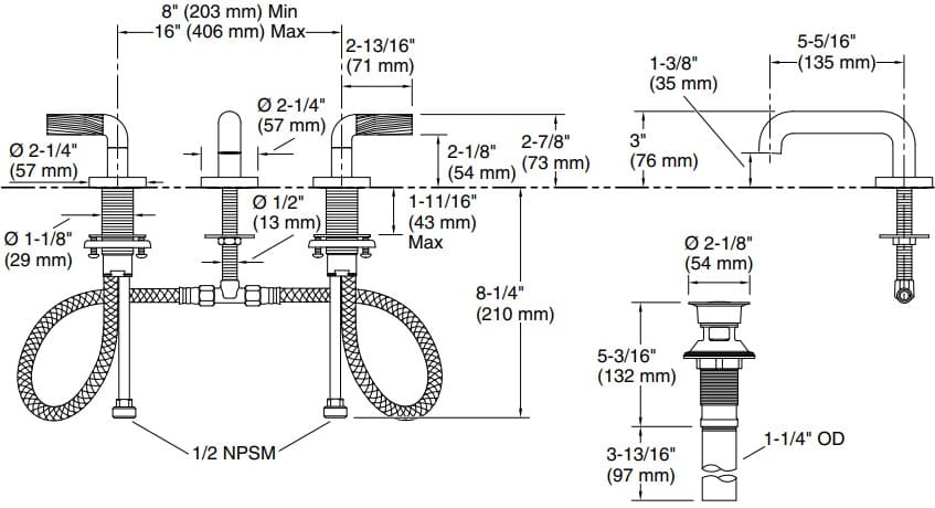 Bản vẽ vòi lavabo nóng lạnh gắn chậu Kallista P40875-BL-CP