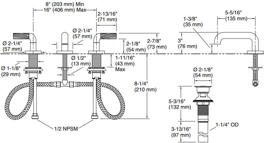 Bản vẽ vòi lavabo nóng lạnh gắn chậu Kallista P40875-LV-BL