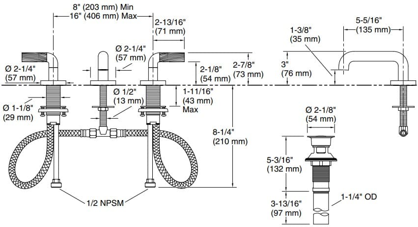 Bản vẽ vòi lavabo nóng lạnh gắn chậu Kallista P40875-SN-BN