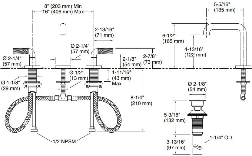Bản vẽ vòi lavabo nóng lạnh gắn chậu Kallista P40876-BL-CP