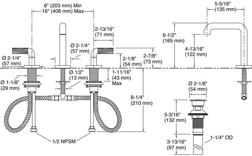 Bản vẽ vòi lavabo nóng lạnh gắn chậu Kallista P40876-SN-BN