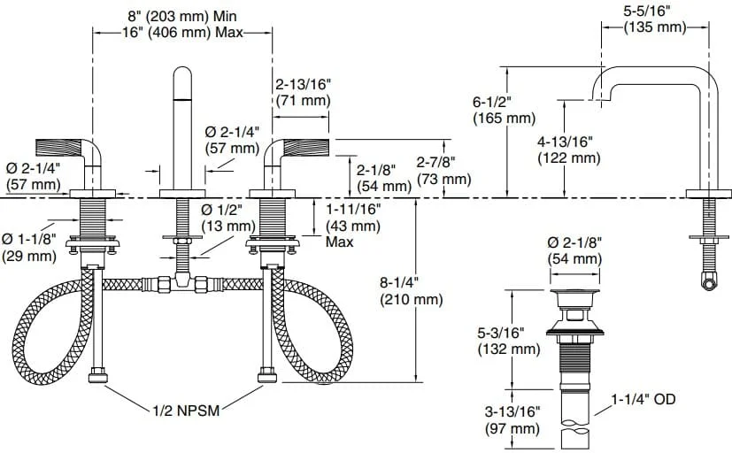 Bản vẽ vòi lavabo nóng lạnh gắn chậu Kallista P40876-SN-BN