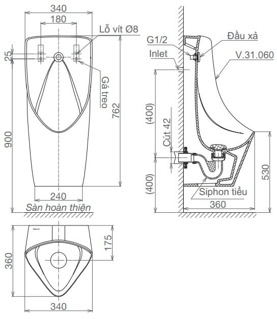 Bản vẽ kỹ thuật tiểu nam treo tường âm tường Viglacera T6 (CA) 