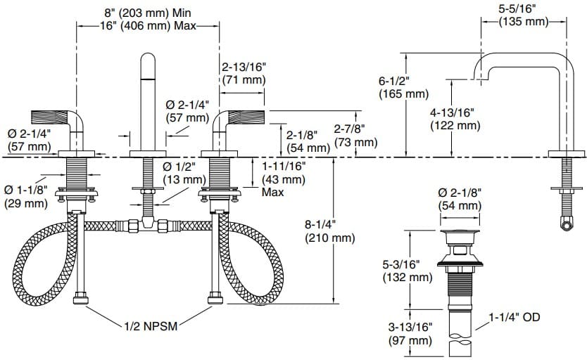 Bản vẽ vòi lavabo nóng lạnh gắn chậu Kallista P40876-LV