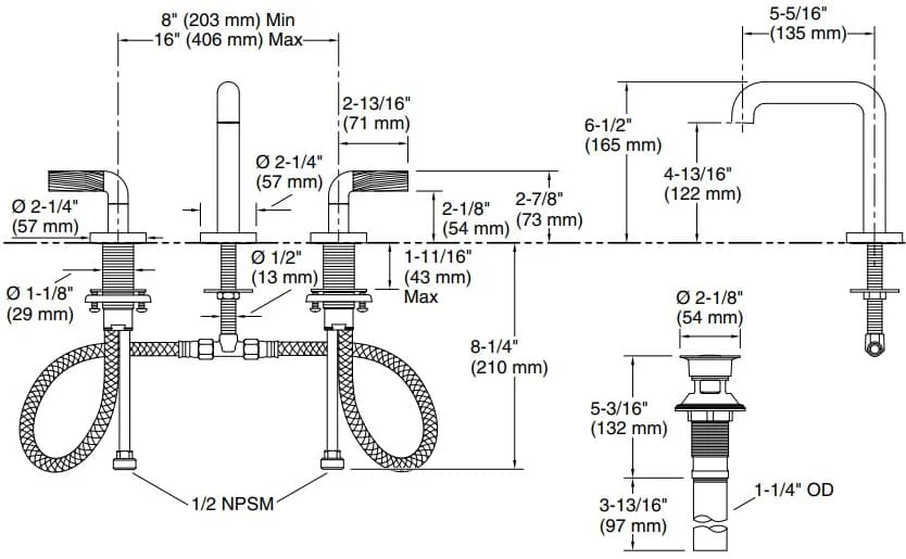 Bản vẽ vòi lavabo nóng lạnh gắn chậu Kallista P40876-LV