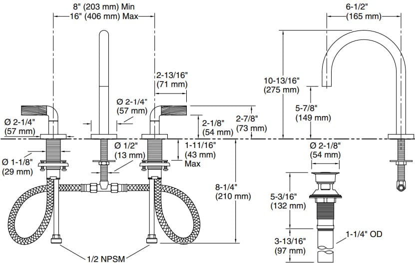 Bản vẽ vòi lavabo nóng lạnh gắn chậu Kallista P40877-SN-BN