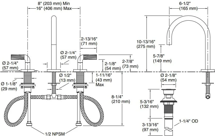 Bản vẽ vòi lavabo nóng lạnh gắn chậu Kallista P40877-BL-CP