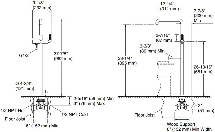 Bản vẽ vòi bồn tắm 1 chân Kallista P40883-00-BL