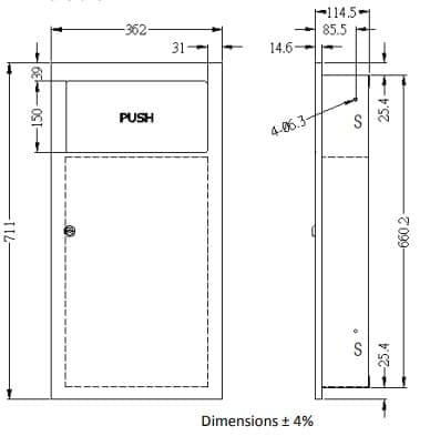 Bản vẽ kỹ thuật thùng đựng rác âm tường 14.2L Mediclinics PPE0010CS
