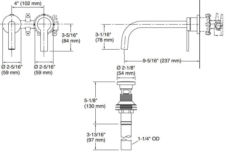 Bản vẽ vòi lavabo nóng lạnh âm tường Kallista P26613-00
