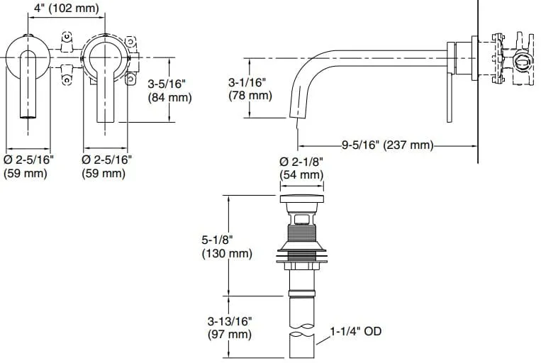Bản vẽ vòi lavabo nóng lạnh âm tường Kallista P26613-00