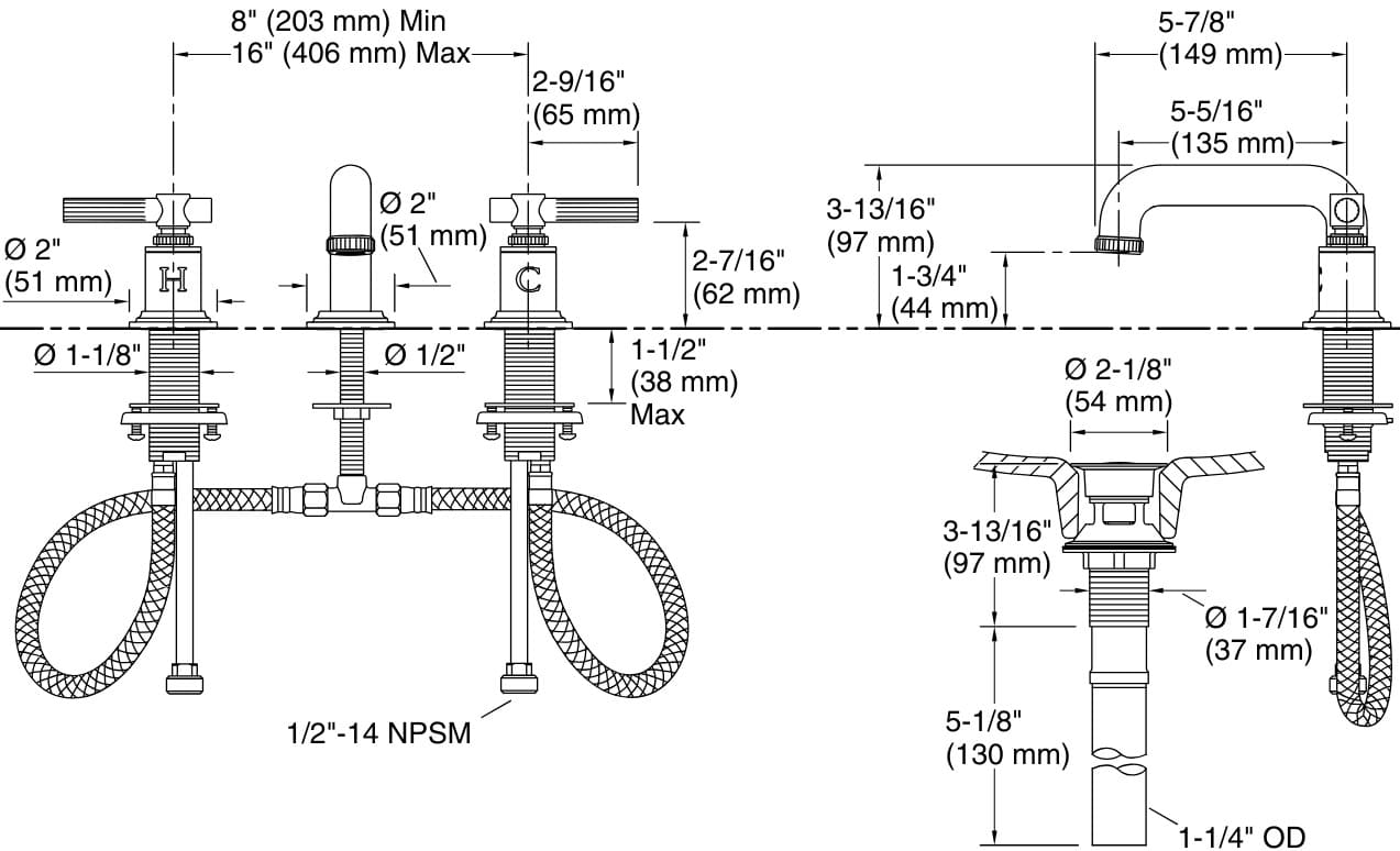 Bản vẽ vòi lavabo nóng lạnh gắn chậu Kallista P21210-LV