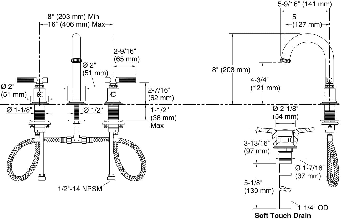 Bản vẽ vòi lavabo nóng lạnh gắn chậu Kallista P21211-LV