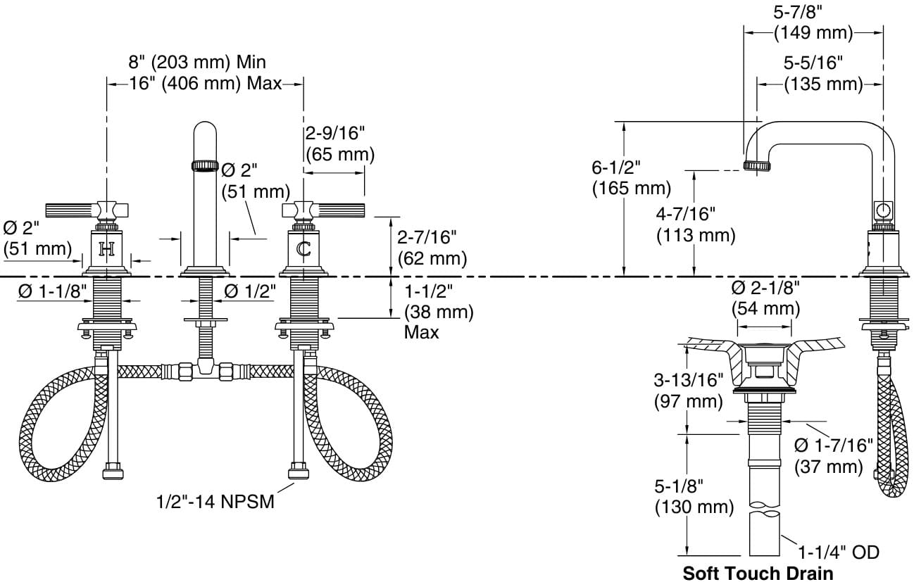 Bản vẽ vòi lavabo nóng lạnh gắn chậu Kallista P21222-LV