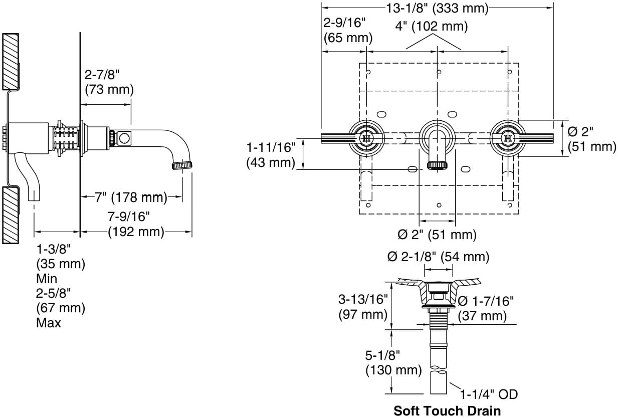 Bản vẽ vòi lavabo nóng lạnh gắn tường Kallista P21223-LV