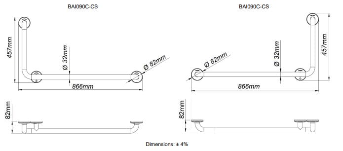 Bản vẽ kỹ thuật thanh vịn góc 90° về bên trái Tây Ban Nha Mediclinics BAD090CS