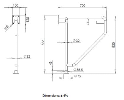 Bản vẽ kỹ thuật thanh vịn dạng hình thang xoay ngang Mediclinics BG0089CS