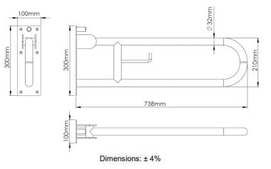 Bản vẽ kỹ thuật thanh vịn xoay dọc có giá đỡ cuộn giấy vệ sinh Mediclinics BG0850CS